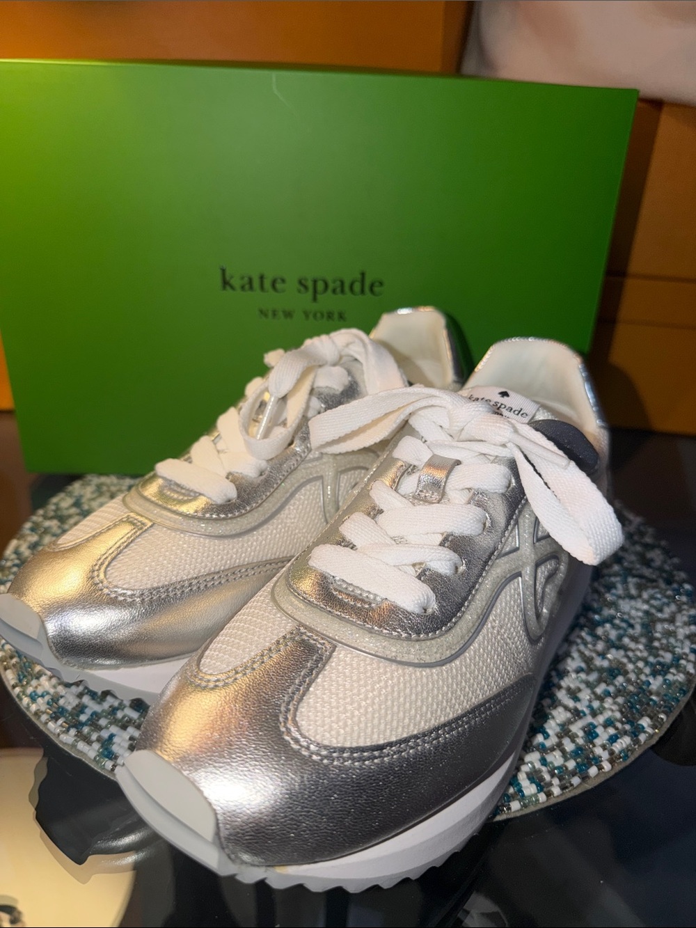 Kate Spade Bridgette Runner Lace Up Silver and White Sneaker